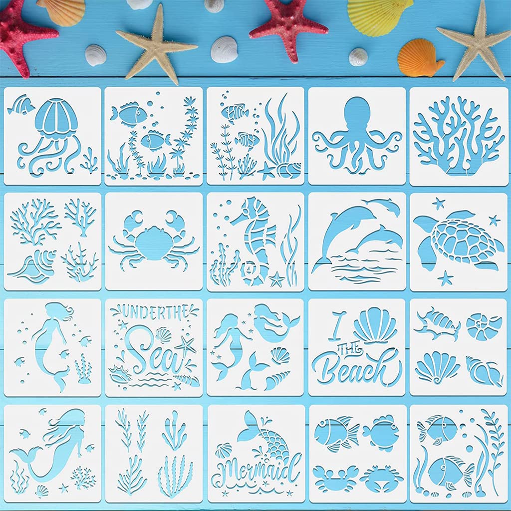 HASTHIP 20 Patterns Mermaid Sea Ocean Creatures Stencils Border, Reusable Sea Animal Painting Stencils for Home Decor, Crafting, DIY Albums and Printing, Art Scrapbook, Wall, Tile (5.1 x 5.1 Inch) HASTHIP 20 Patterns Mermaid Sea Ocean Creatures Stencils Border, Reusable Sea Animal Painting Stencils for Home Decor, Crafting, DIY Albums and Printing, Art Scrapbook, Wall, Tile (5.1 x 5.1 Inch)